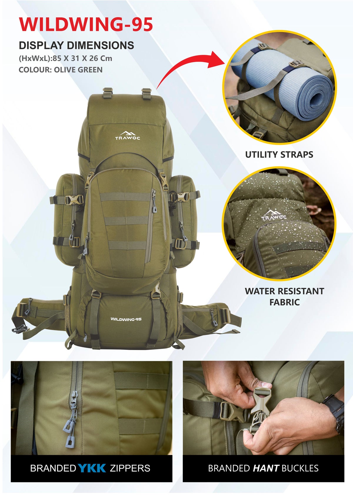 Wildwing 95L (80+15)  Bag for Hiking & Travel with Shoe Compartment & Water-Resistant-Olivegreen