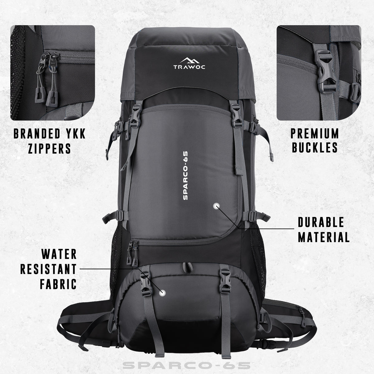 Sparco 65L Travel Backpack featuring with Laptop Compartment & Shoe Compartment – Grey