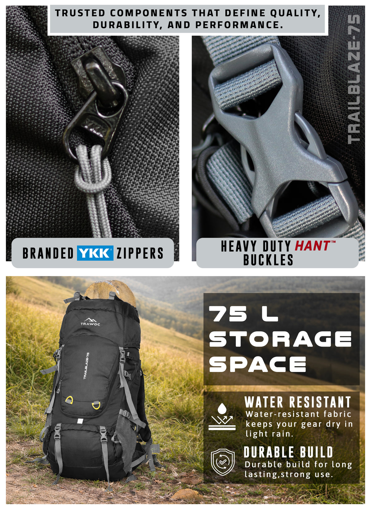 Trailblaze 75 L Trekking Bag with Rain Cover & Durable Zippers-Black