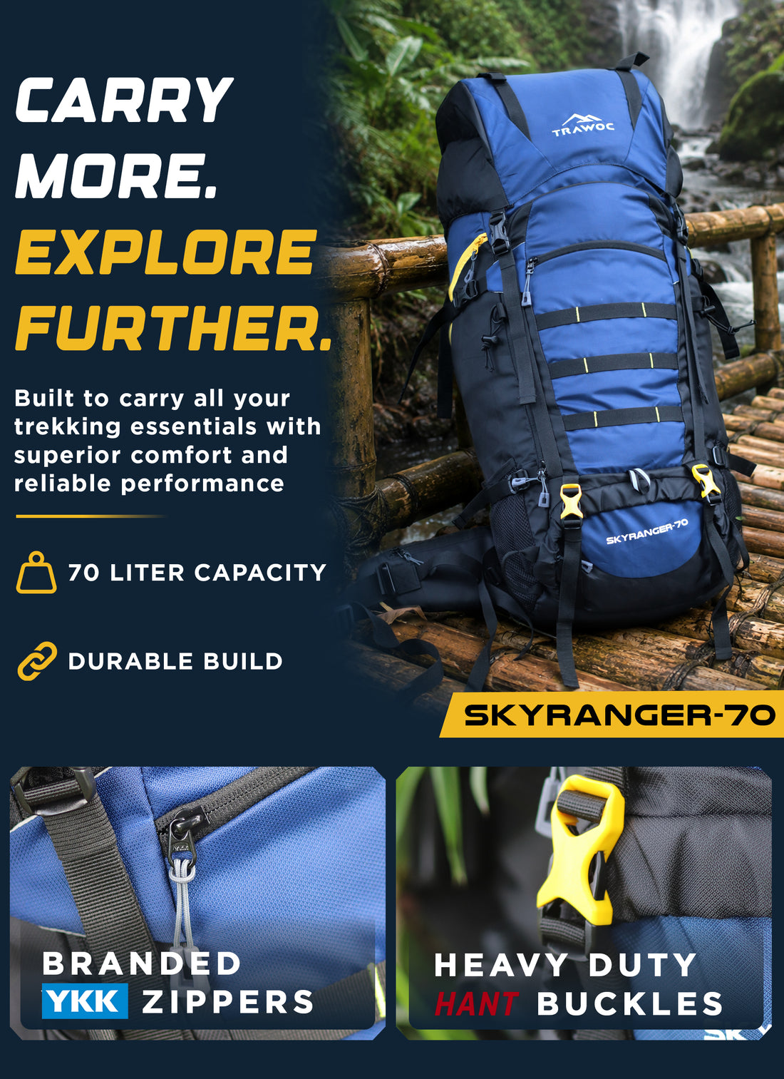 Trawoc Camping Backpack (70Ltr) | With Water Proof Rain Cover