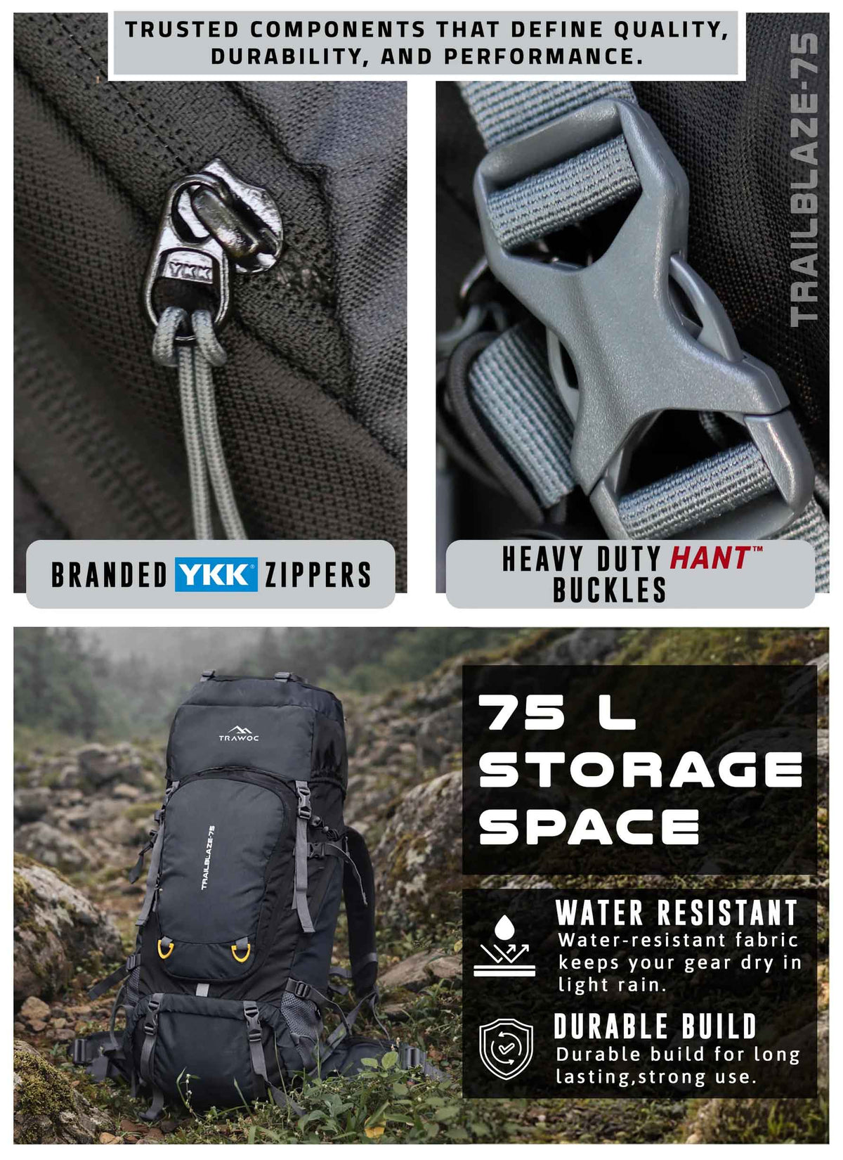 Trailblaze 75 L Trekking Bag with Rain Cover & Durable Zippers-Grey