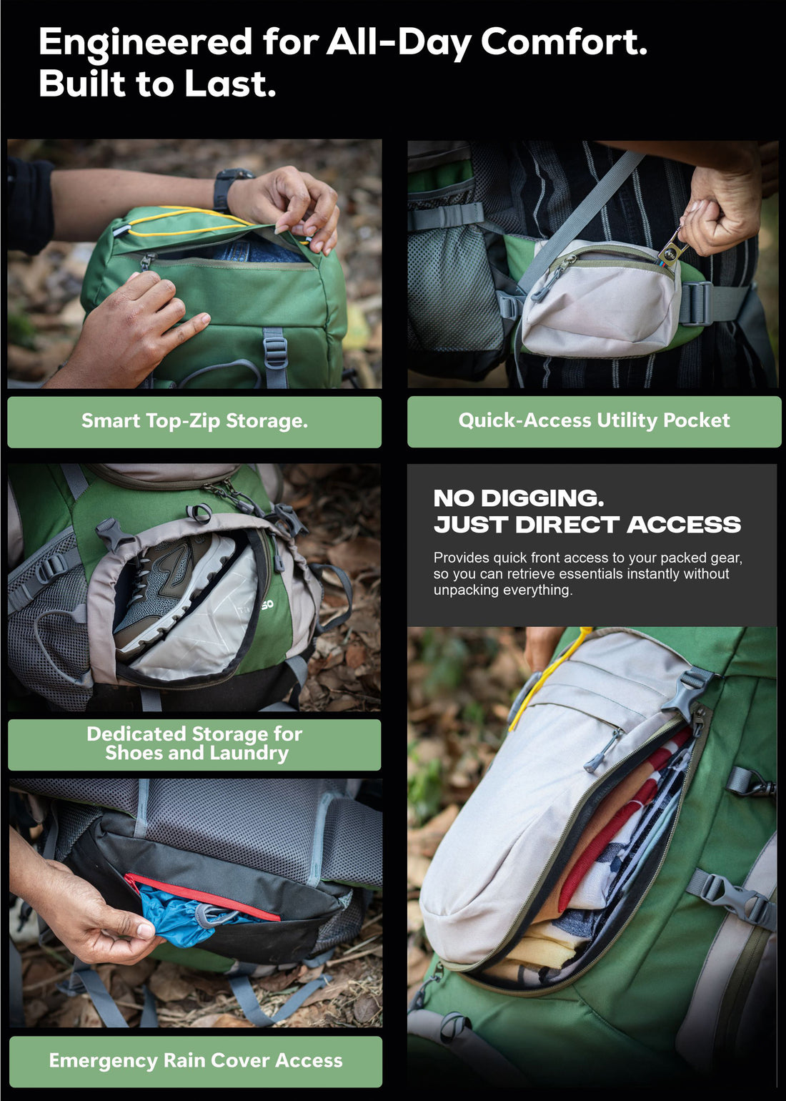 WILDQUEST 50L Travel Backpack with Laptop Compartment, Rain Cover, Shoe Compartment-green