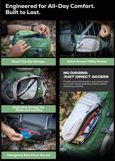 WILDQUEST 50L Travel Backpack  with Laptop Compartment, Rain Cover, Shoe Compartment-green