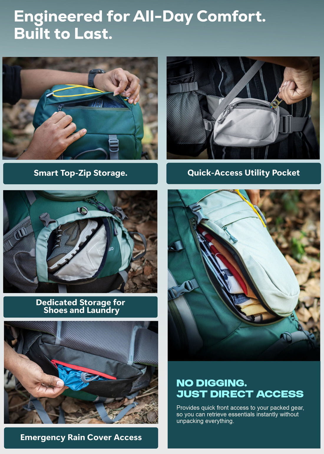 WILDQUEST 50L Travel Backpack  with Laptop Compartment, Rain Cover, Shoe Compartment-Shamrock