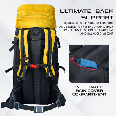 Aerofit 60L Rucksack with Multi-Pocket Design & Laptop Compartment, ideal for Hiking - Yellow (Refurbished)