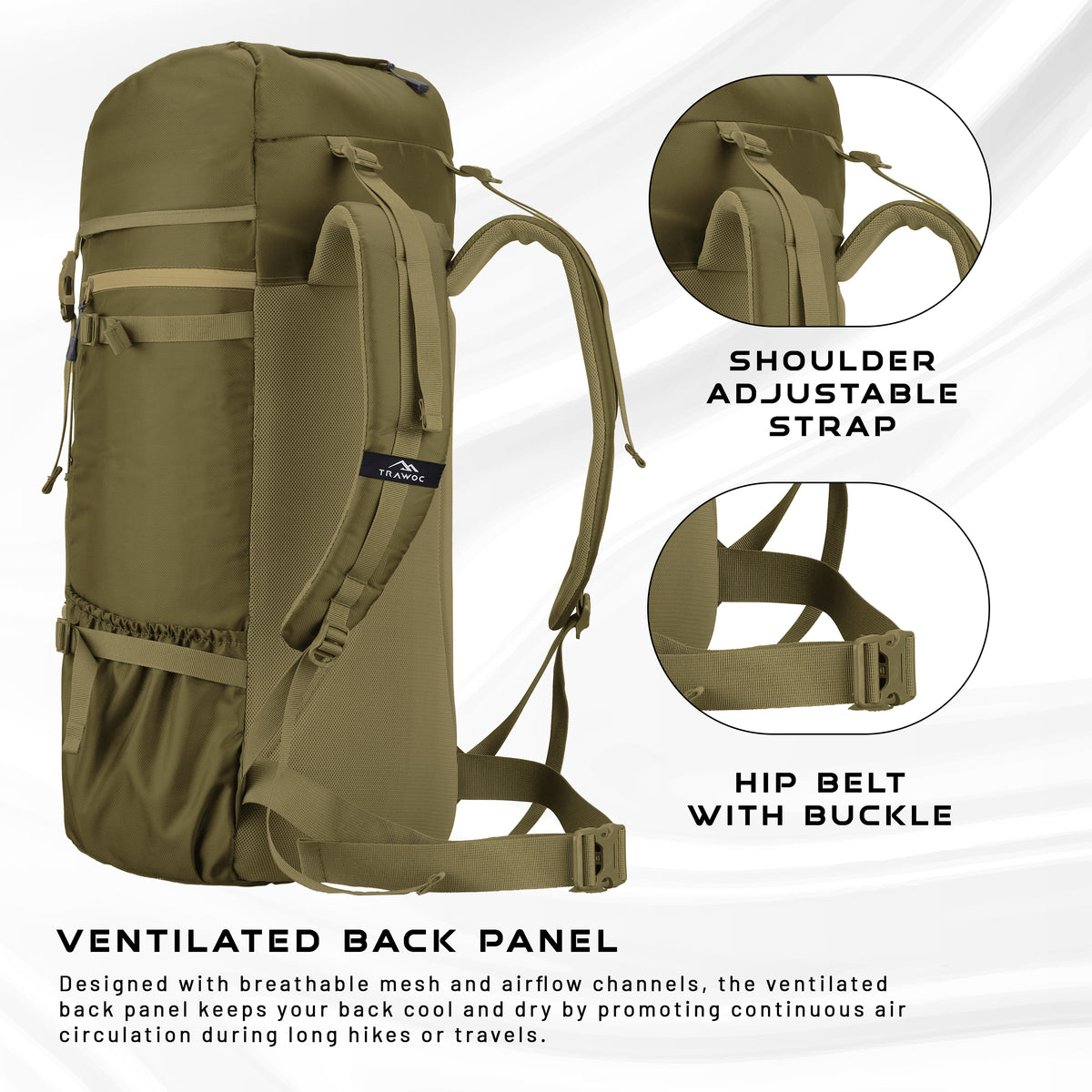 Hover 50L Backpack for Men & Women, Light weight with Multi-Pocket & Rain Cover - Olivegreen