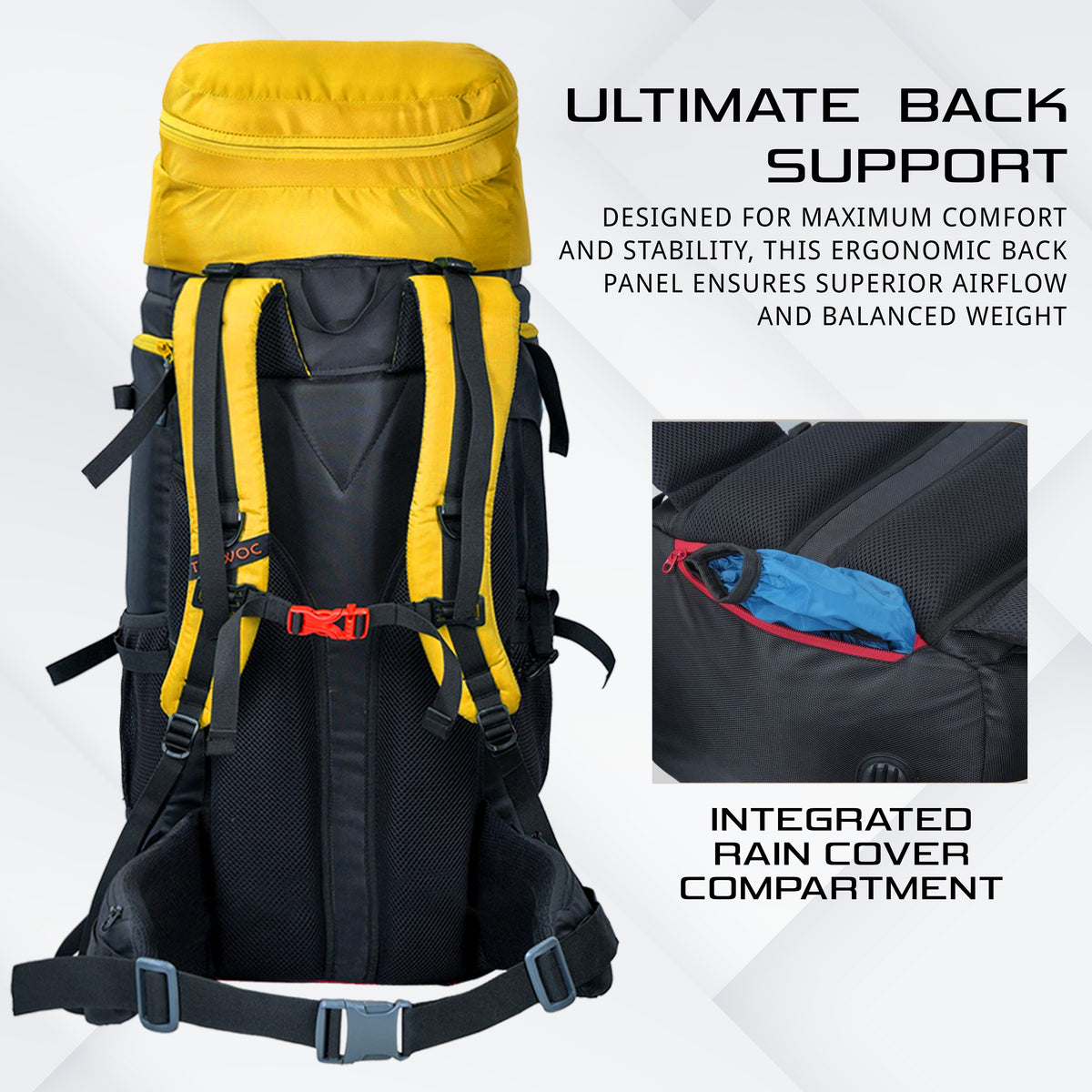 Aerofit 60L Rucksack with Multi-Pocket Design & Laptop Compartment, ideal for Hiking - Yellow