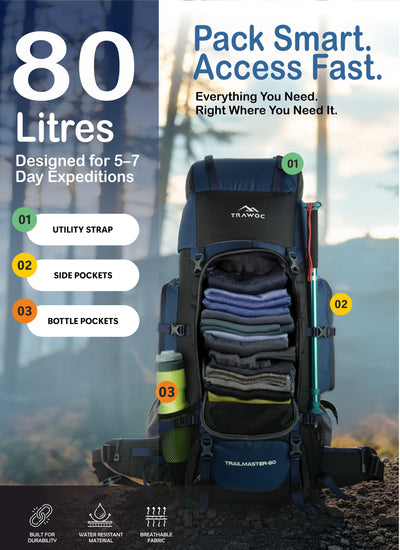 Trailmaster 80L Backpack for Hiking & Travel with Laptop Compartment & Multi-Pocket Design - NavyBlue