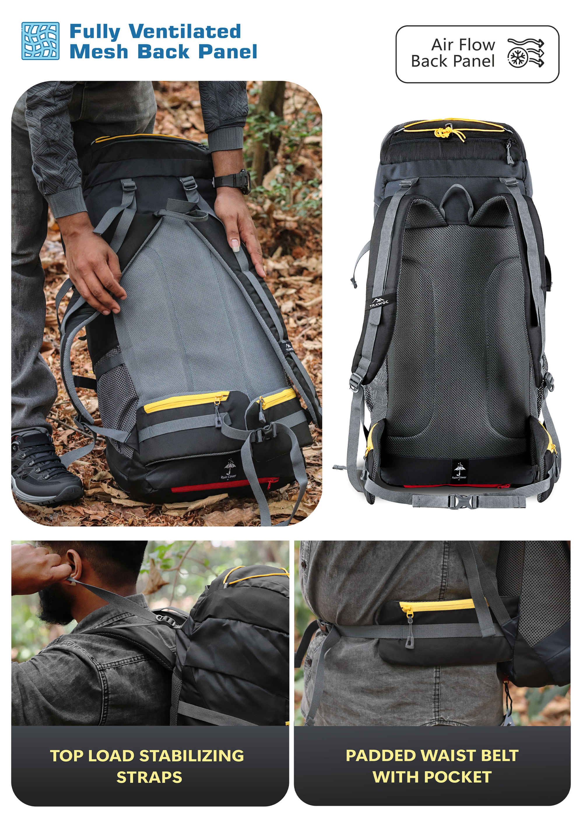 TREKELITE 60L Backpack Hiking Trekking Rucksack with Water Proof Rain Cover - Black