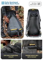 TREKELITE 60L Backpack Hiking Trekking Rucksack with Water Proof Rain Cover - Black