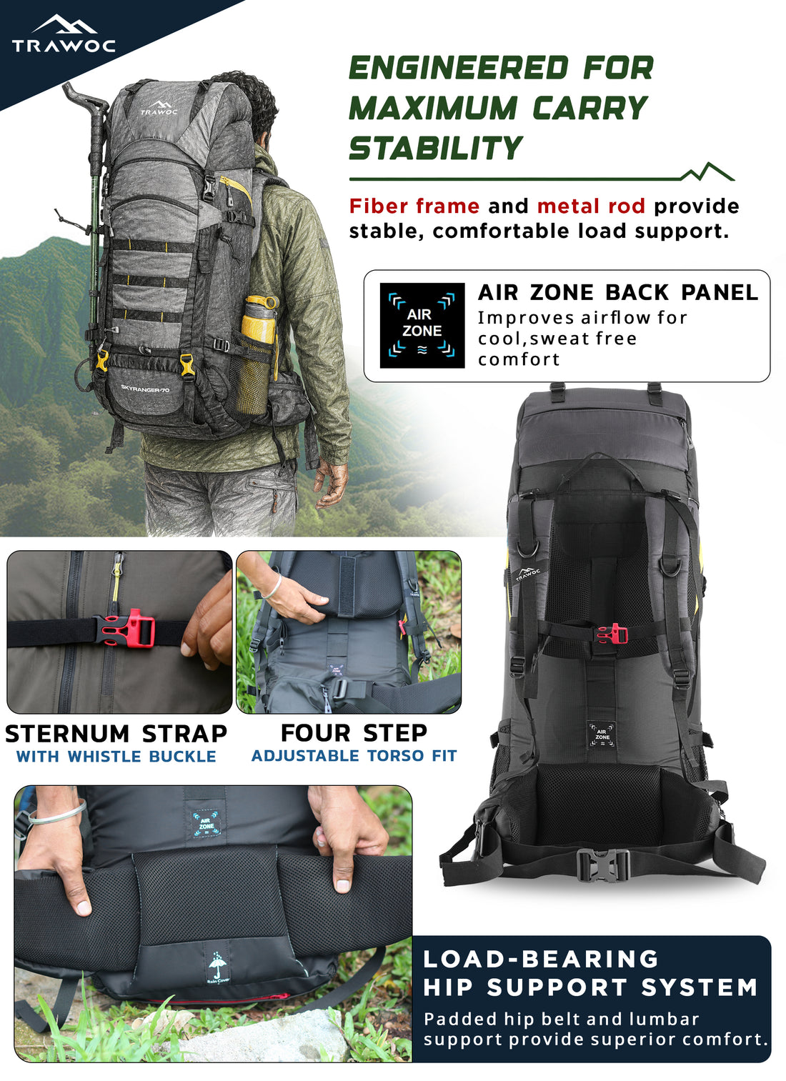 Skyranger 70 L Rucksack for Hiking & Travel with Ergonomic Shoulder Straps & Internal metal frame