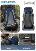 TREKELITE 60L Backpack Hiking Trekking Rucksack with Water Proof Rain Cover - Navy Blue