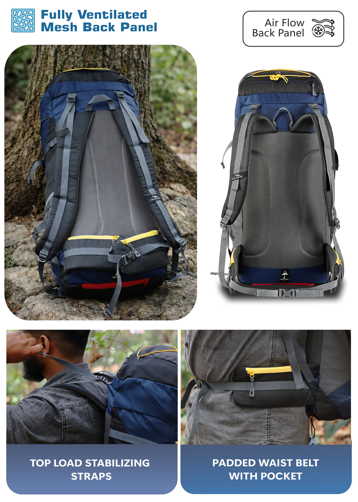 TREKELITE 60L Backpack Hiking Trekking Rucksack with Water Proof Rain Cover - Navy Blue