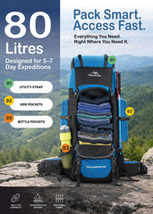 Trailmaster 80L Backpack for Hiking & Travel with Laptop Compartment & Multi-Pocket Design - SkyBlue(clearance sale)