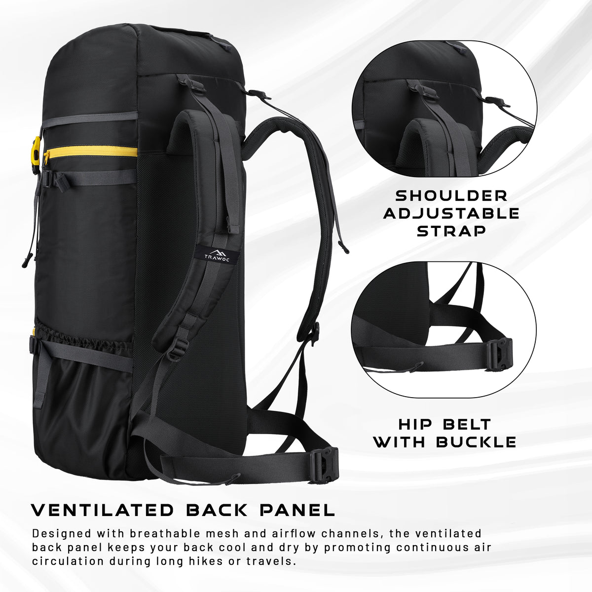 Hover 50L Backpack for Men & Women, Light weight with Multi-Pocket & Rain Cover - Black
