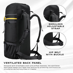 Hover 50L Backpack for Men & Women with Multi-Pocket Design & with Lightweight Build - Black