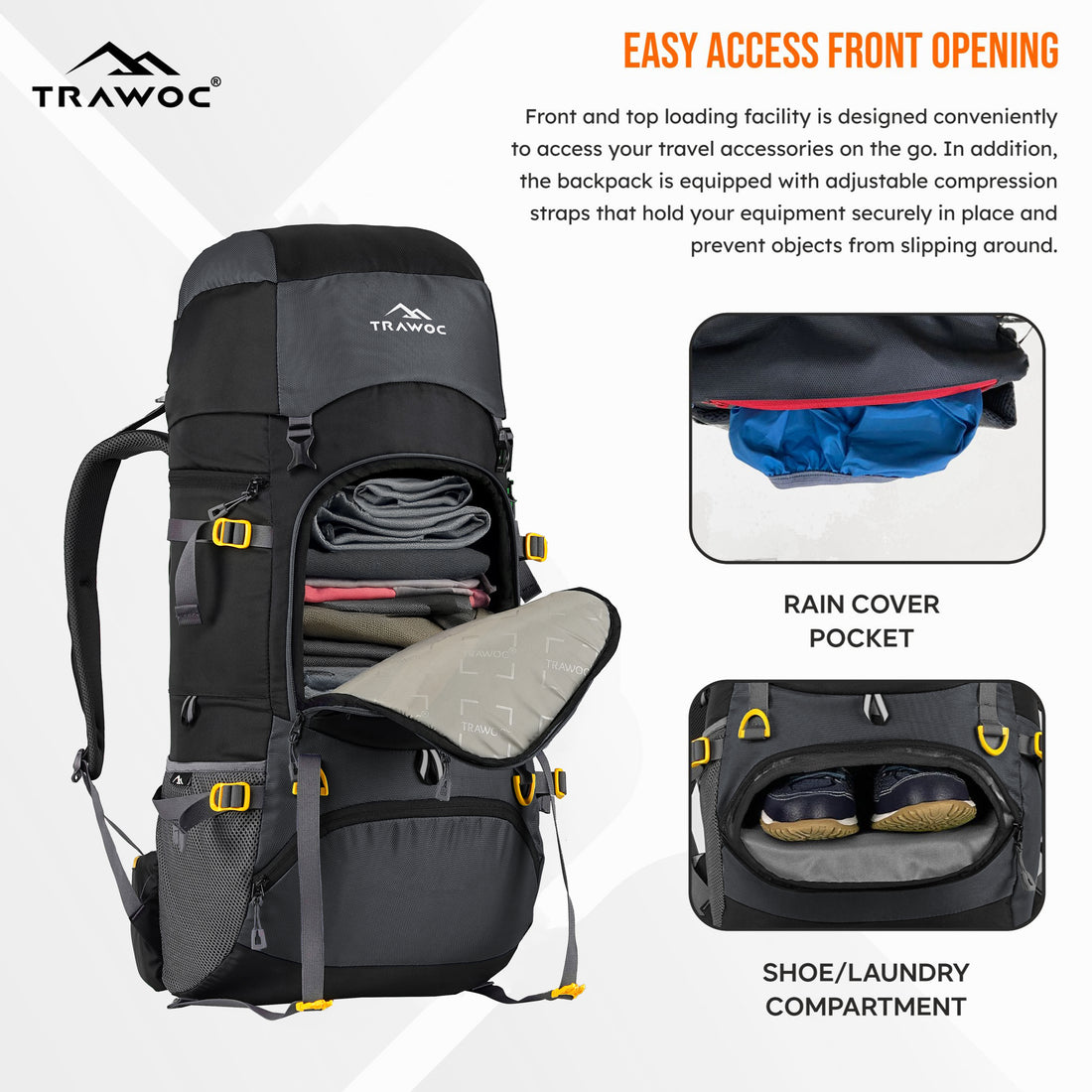 GRITMAX 55 L Front & Top Open Backpack for Hiking Trekking Bag for Men & Women with Rain Cover - Grey