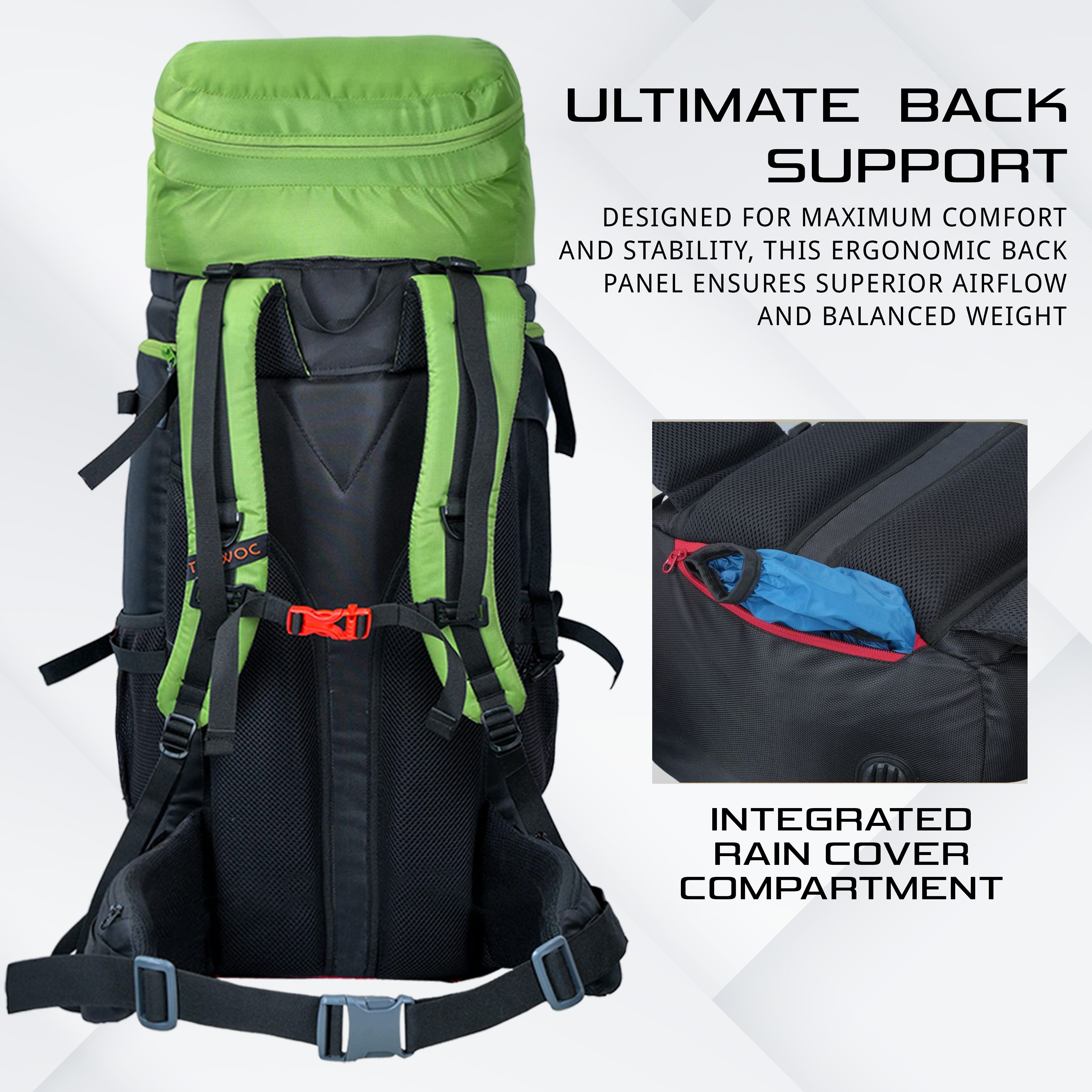Aerofit 60L Rucksack with Multi-Pocket Design & Laptop Compartment, ideal for Hiking - Green