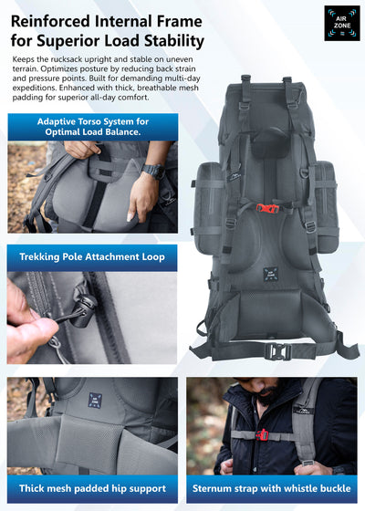 Wildwing 95L (80+15)  Bag for Hiking & Travel with Shoe Compartment & Water-Resistant-grey