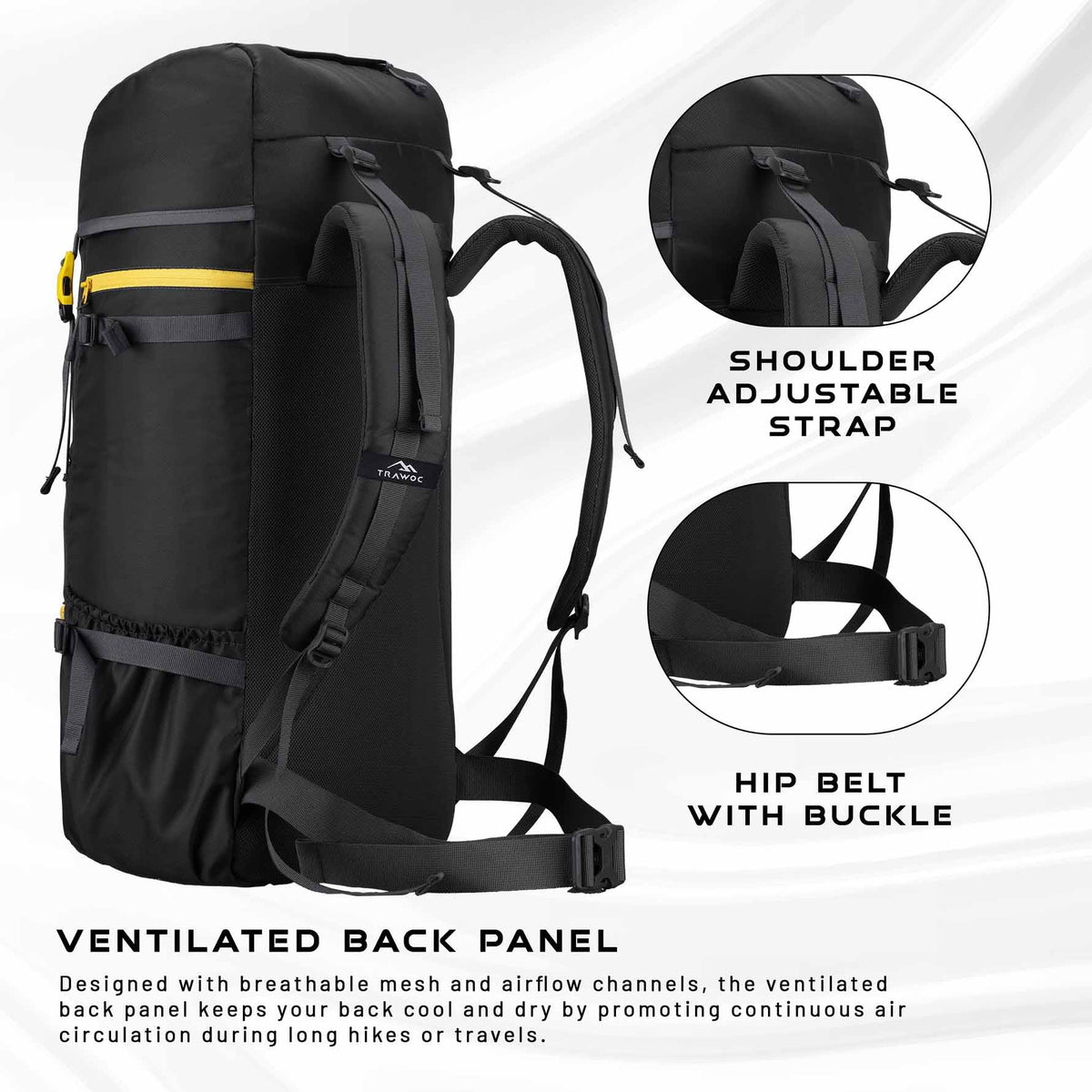 Hover 50L Backpack for Men & Women, Light weight with Multi-Pocket & Rain Cover - Black