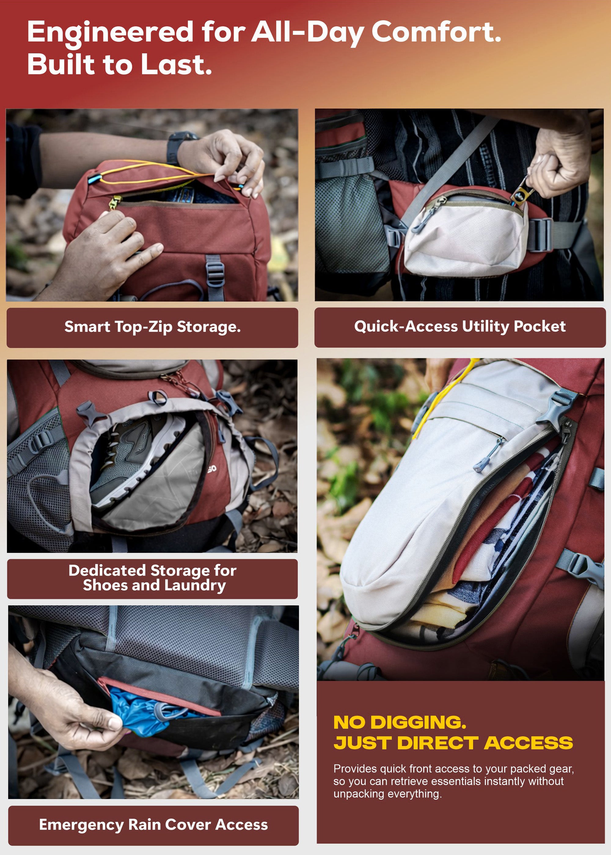 WILDQUEST 50L Travel Backpack with Laptop Compartment, Rain Cover, Shoe Compartment