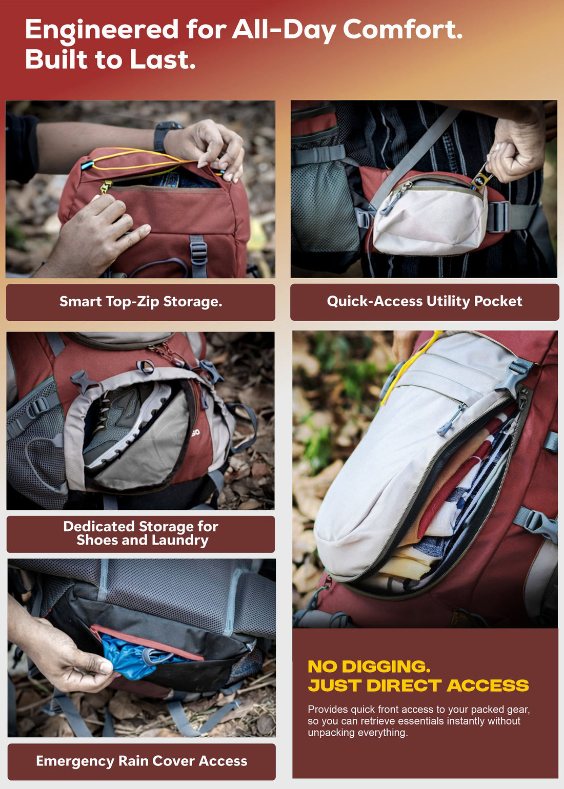 WILDQUEST 50L Travel Backpack with Laptop Compartment, Rain Cover, Shoe Compartment - Red