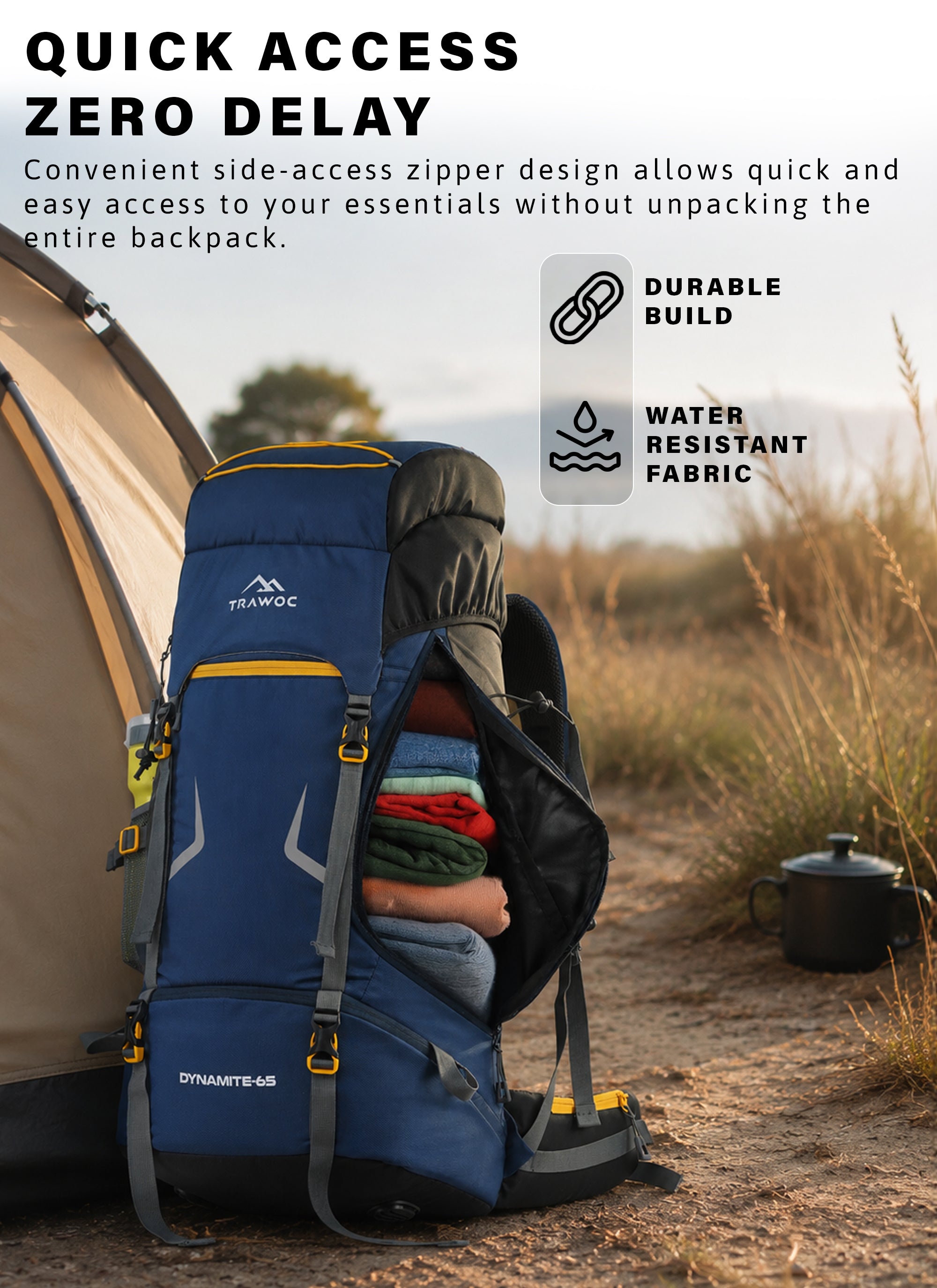 DYNAMITE 65L Travel Backpack with Rain Cover & Shoe Compartment - Navy Blue