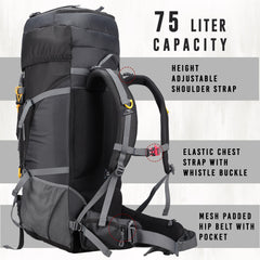 Trailblaze 75 L Trekking Bag with Rain Cover & Durable Zippers-Grey