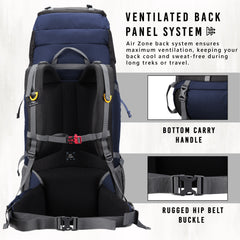 Trailblaze 75 L Trekking Bag with Rain Cover & Durable Zippers - NavyBlue