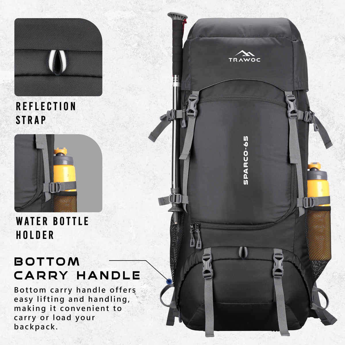 Sparco 65L Travel Backpack featuring with Laptop Compartment & Shoe Compartment - Black