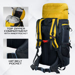 Aerofit 60L Rucksack with Multi-Pocket Design & Laptop Compartment, ideal for Hiking - Yellow