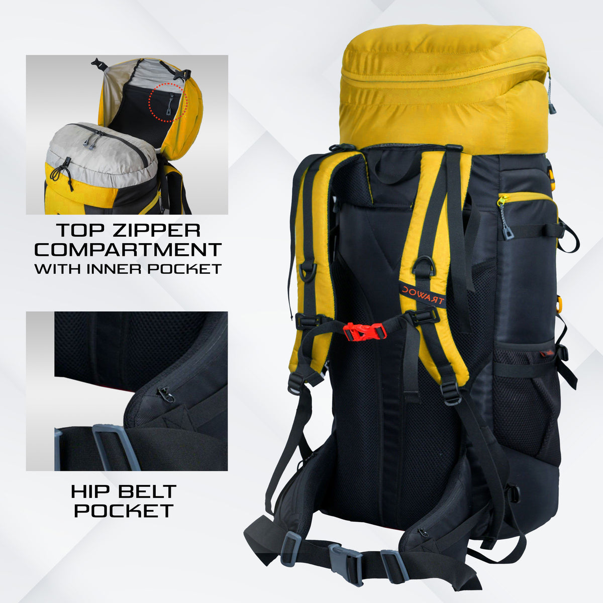 Aerofit 60L Rucksack with Multi-Pocket Design & Laptop Compartment, ideal for Hiking - Yellow
