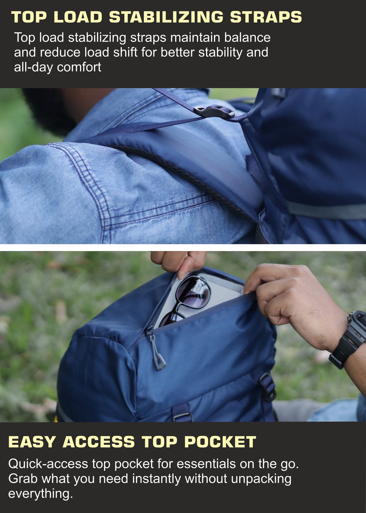 Hover 50L Backpack for Men & Women, Light weight with Multi-Pocket & Rain Cover - Navy Blue