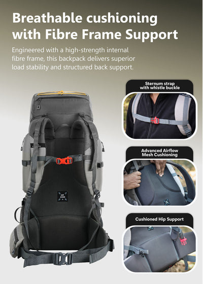 WILDQUEST 50L Travel Backpack  with Laptop Compartment, Rain Cover, Shoe Compartment-grey