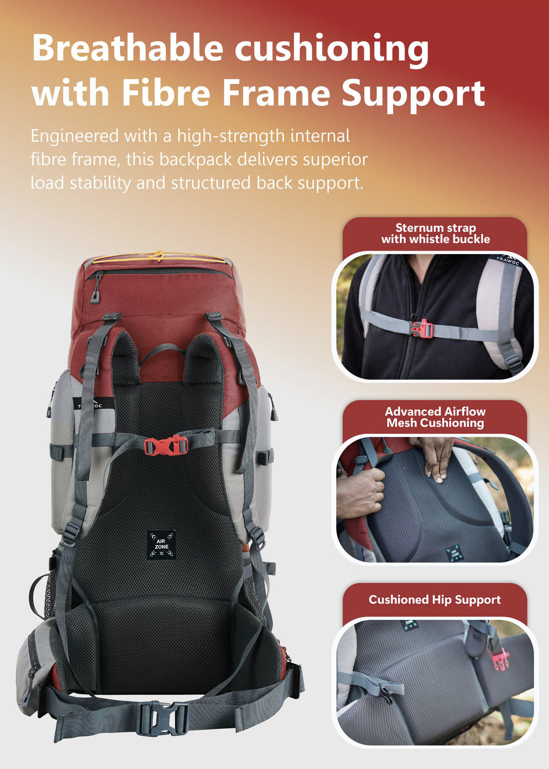 WILDQUEST 50L Travel Backpack with Laptop Compartment, Rain Cover, Shoe Compartment - Red