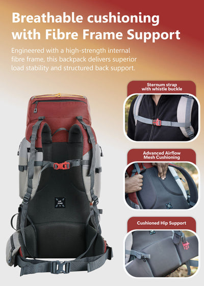 WILDQUEST 50L Travel Backpack with Laptop Compartment, Rain Cover, Shoe Compartment - Red