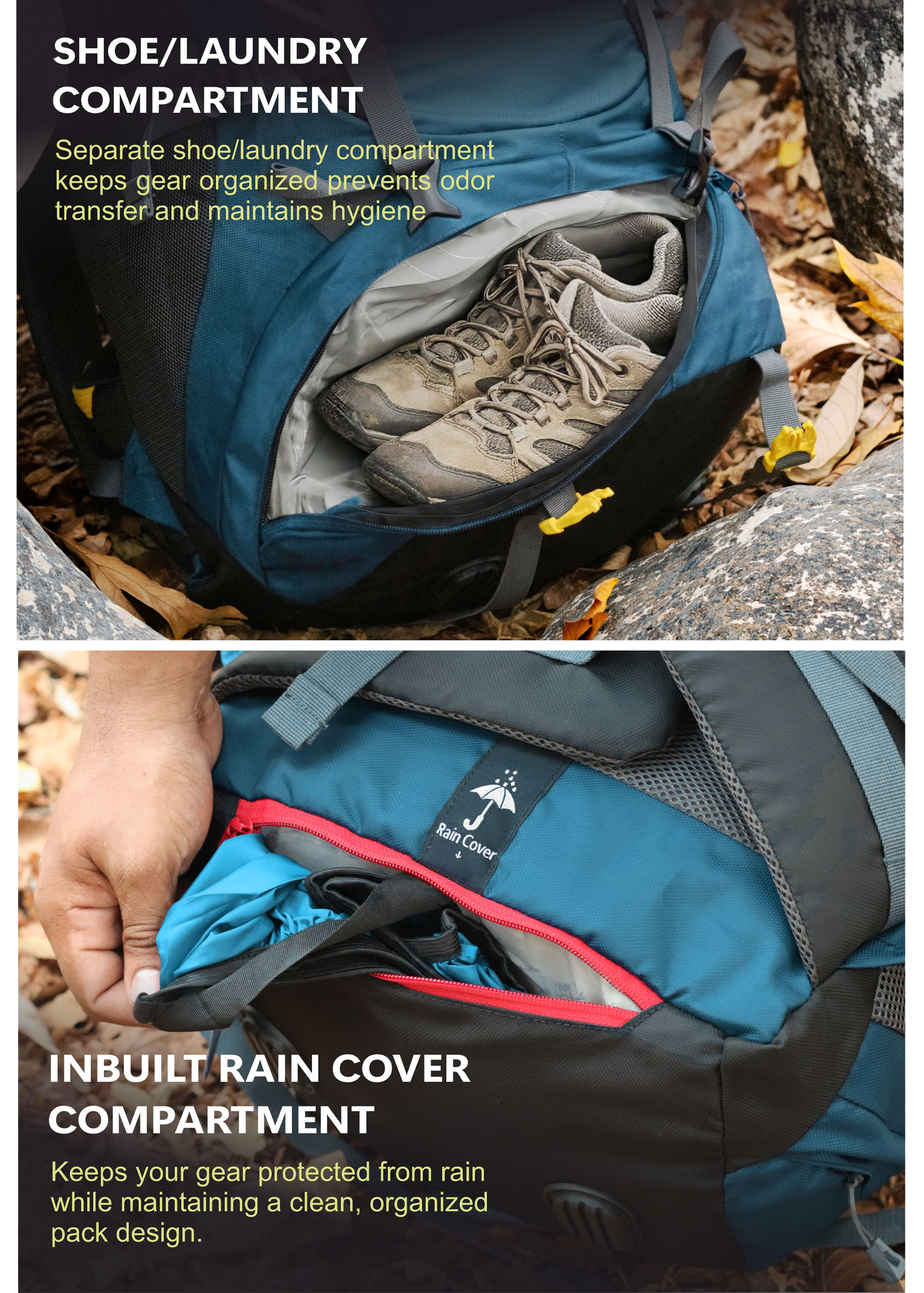 TREKELITE 60L Backpack Hiking Trekking Rucksack with Water Proof Rain Cover - English Blue