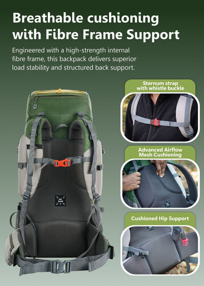 WILDQUEST 50L Travel Backpack  with Laptop Compartment, Rain Cover, Shoe Compartment-green