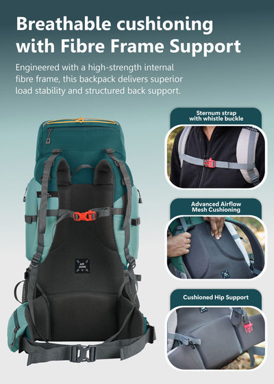 WILDQUEST 50L Travel Backpack  with Laptop Compartment, Rain Cover, Shoe Compartment-Shamrock