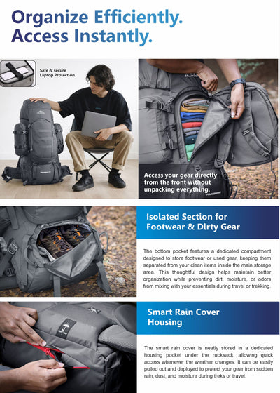 Wildwing 95L (80+15)  Bag for Hiking & Travel with Shoe Compartment & Water-Resistant-grey