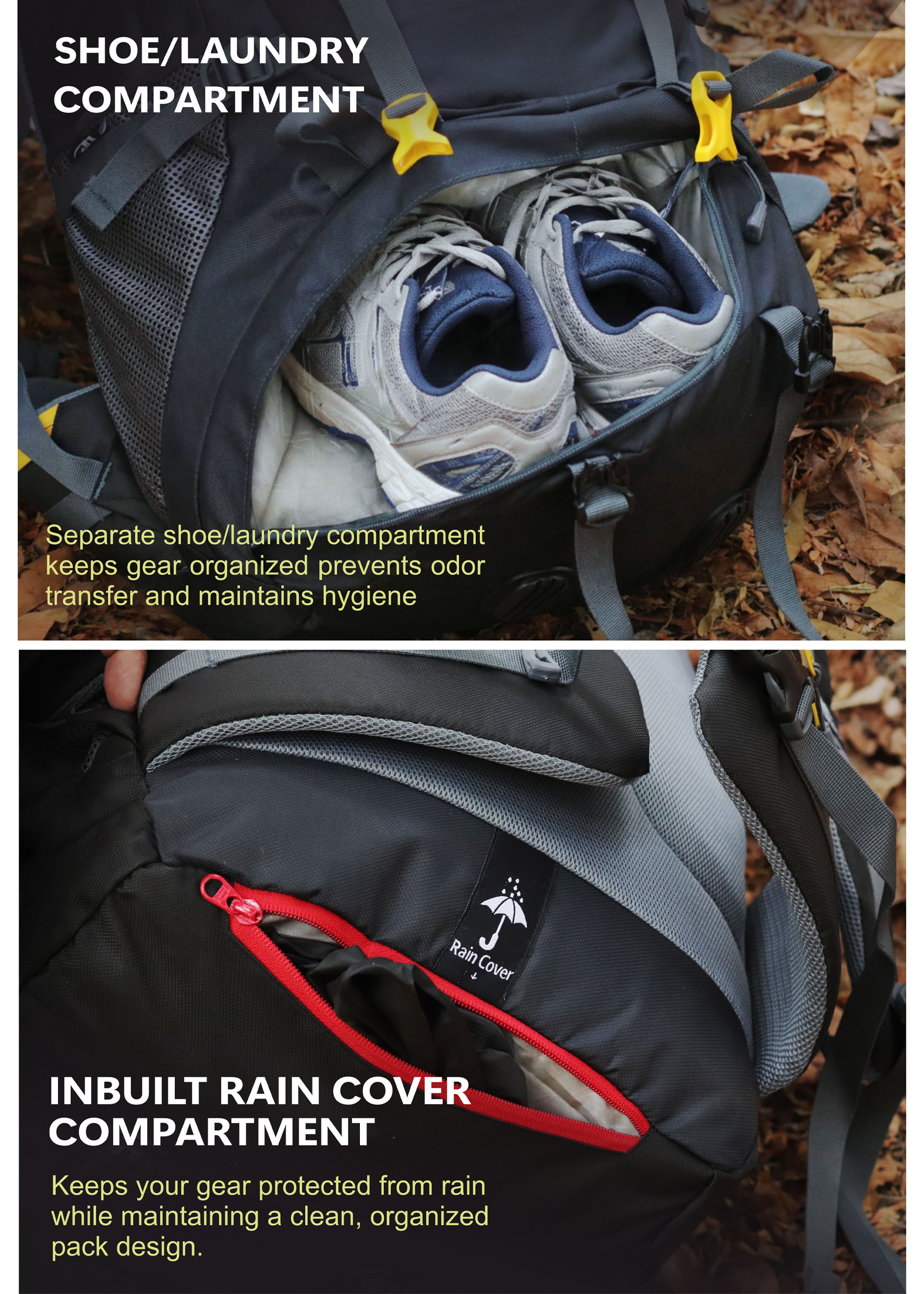 TREKELITE 60L Backpack Hiking Trekking Rucksack with Water Proof Rain Cover - Black