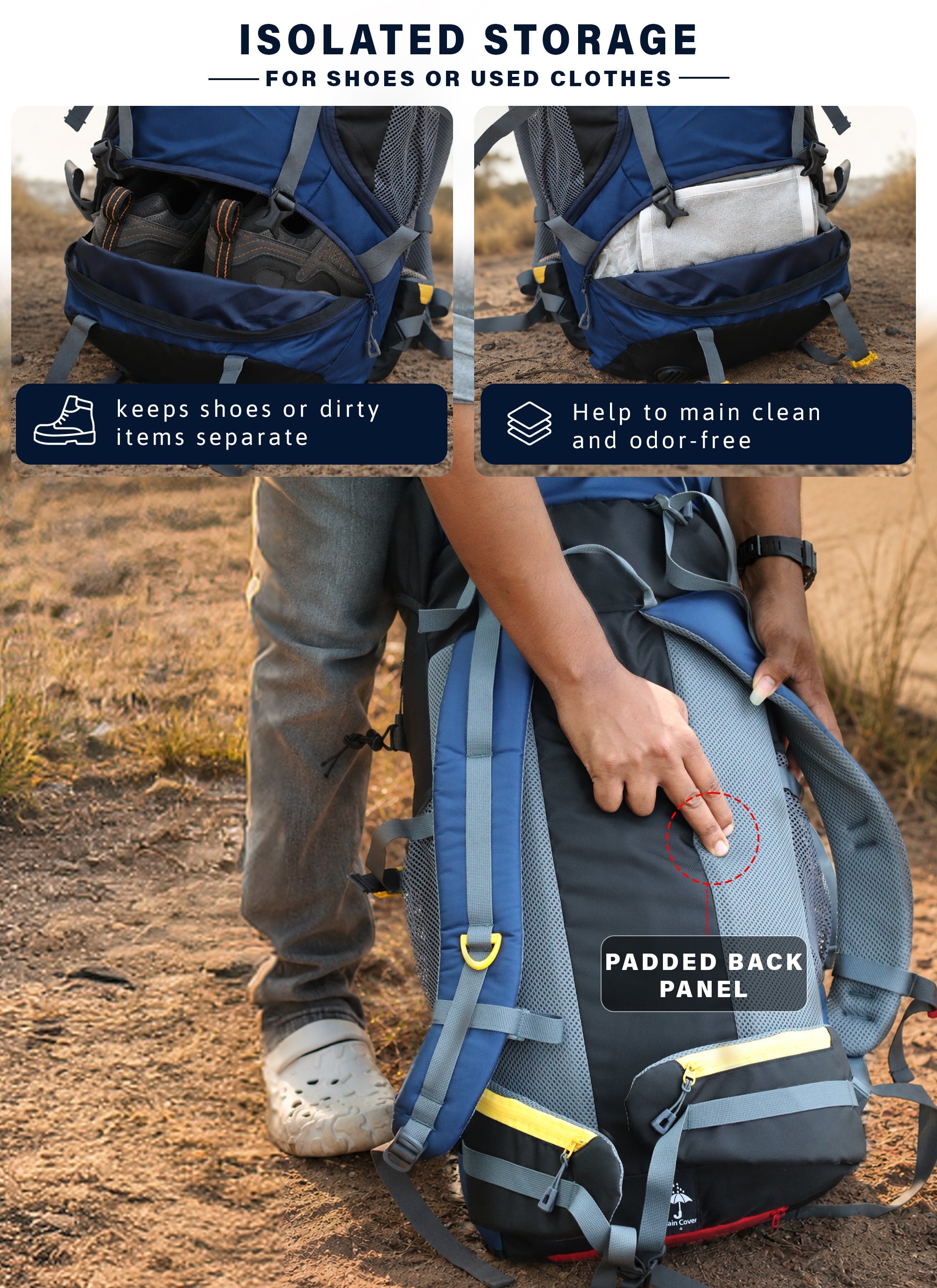 DYNAMITE 65L Travel Backpack with Rain Cover & Shoe Compartment - Navy Blue