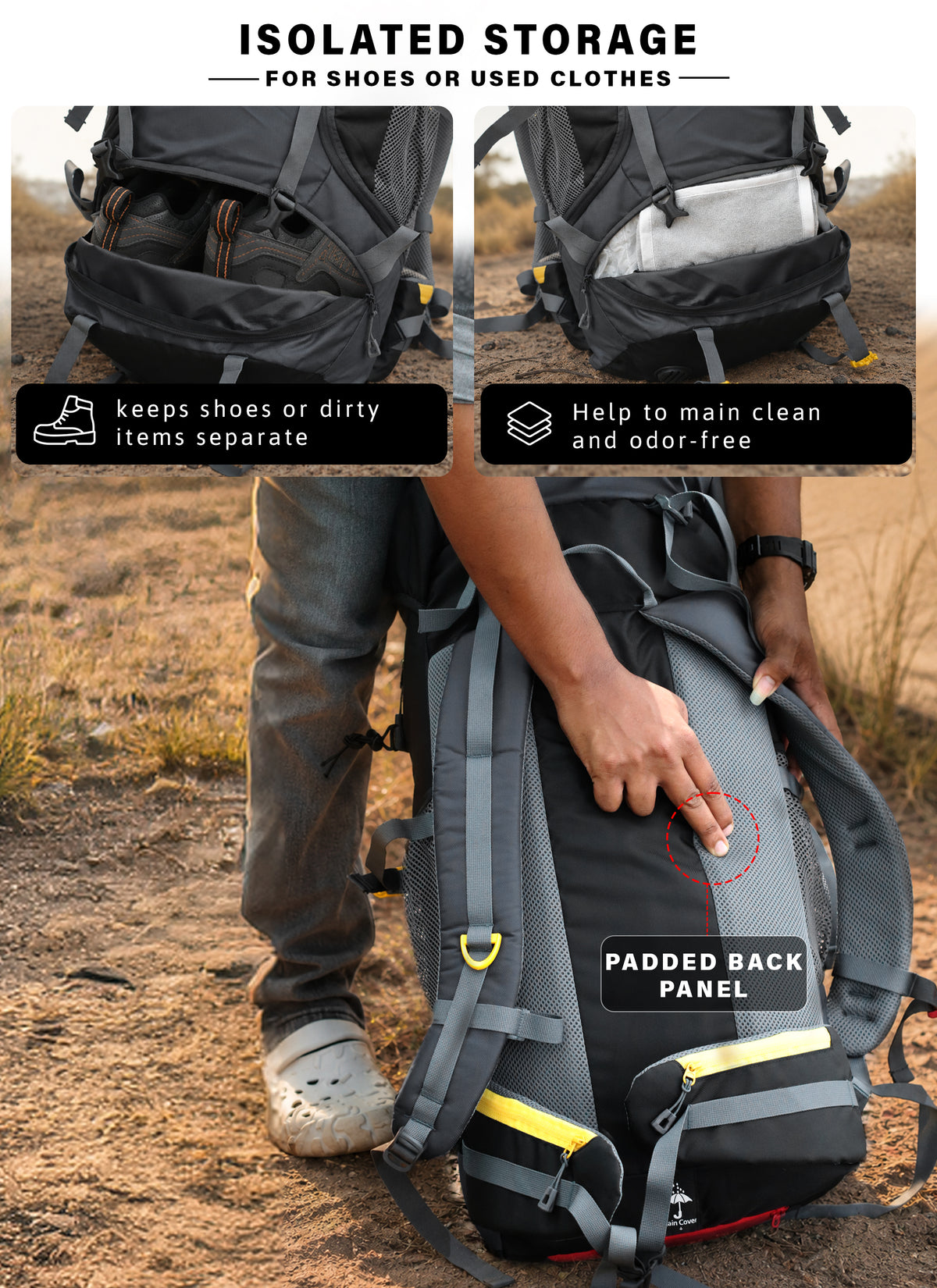 DYNAMITE 65L Travel Backpack with Rain Cover & Shoe Compartment - Grey