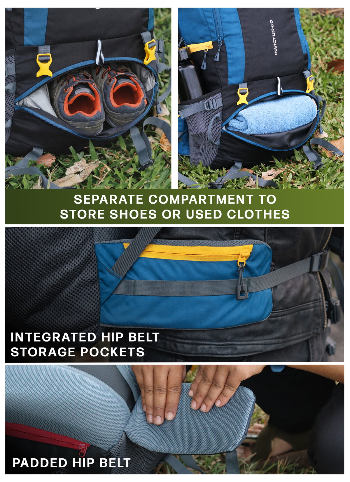 INVICTUS 60L Travel Backpack Hiking Bag for Men & Women with Rain Cover - English Blue