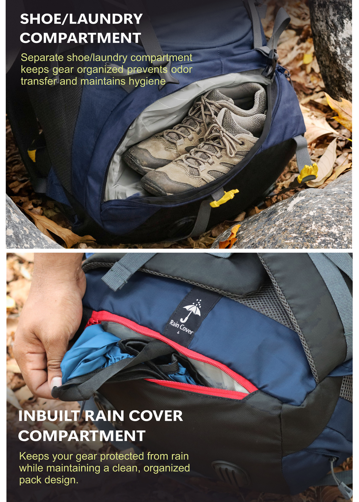 TREKELITE 60L Backpack Hiking Trekking Rucksack with Water Proof Rain Cover - Navy Blue
