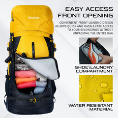 Aerofit 60L Rucksack with Multi-Pocket Design &  Laptop Compartment, ideal for Hiking - Yellow(clearance sale)