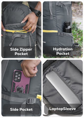 Hover 50L Backpack for Men & Women, Light weight with Multi-Pocket & Rain Cover - Grey