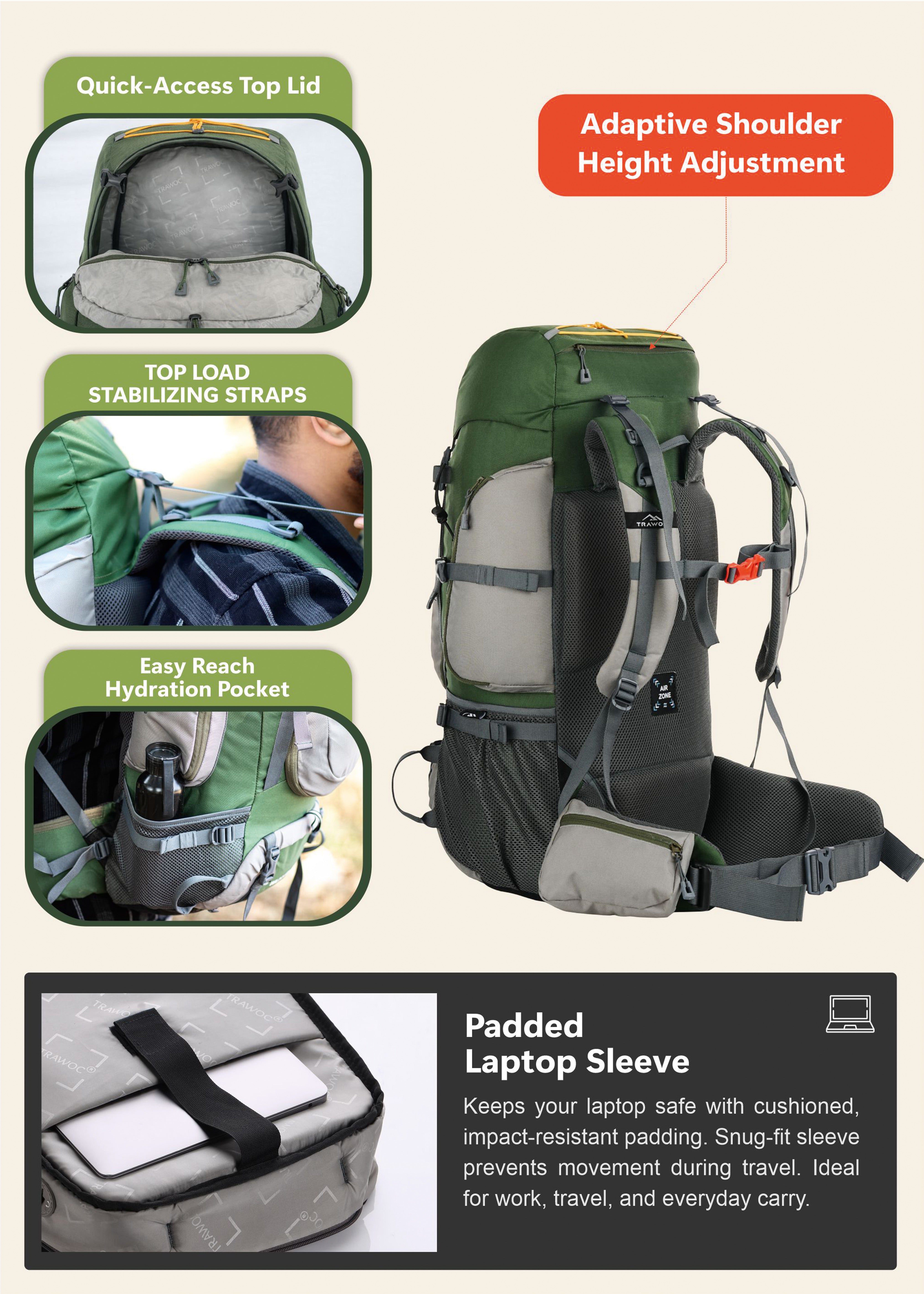 WILDQUEST-50 Rucksack - HUNTER GREEN |50L Capacity, Laptop Compartment, Rain Cover, Shoe Compartment
