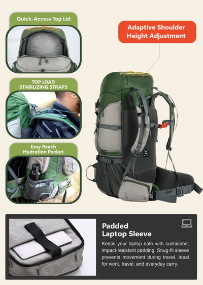 WILDQUEST 50L Travel Backpack  with Laptop Compartment, Rain Cover, Shoe Compartment-green