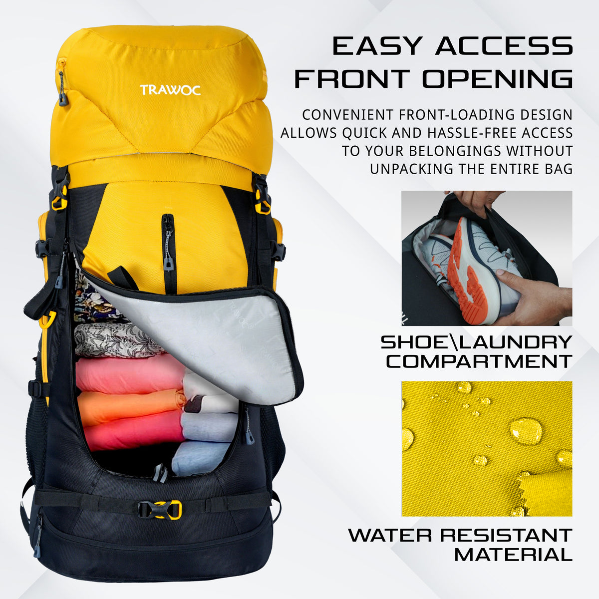 Aerofit 60L Rucksack with Multi-Pocket Design & Laptop Compartment, ideal for Hiking - Yellow